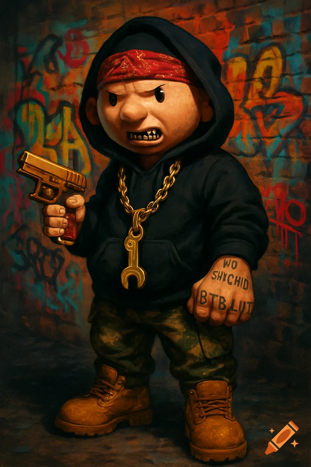 Cartoon Bob the Builder as an angry gangster in a black hoodie, camo pants, and boots, holding a gold gun against a graffiti wall.