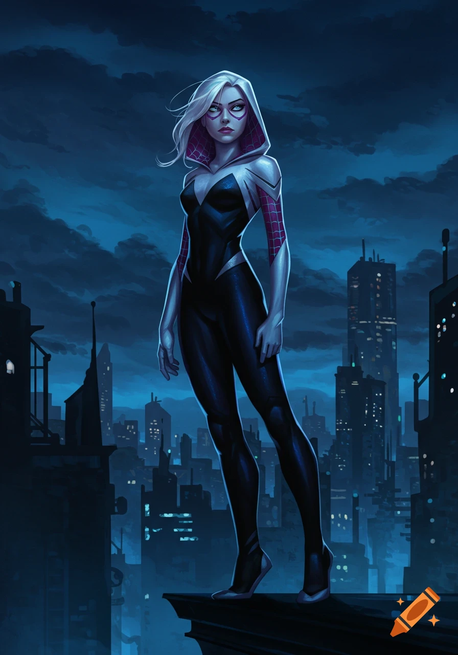 Spider-Gwen in a white, black, and pink suit stands on a dark rooftop overlooking a neon-lit city at night in a comic art style.
