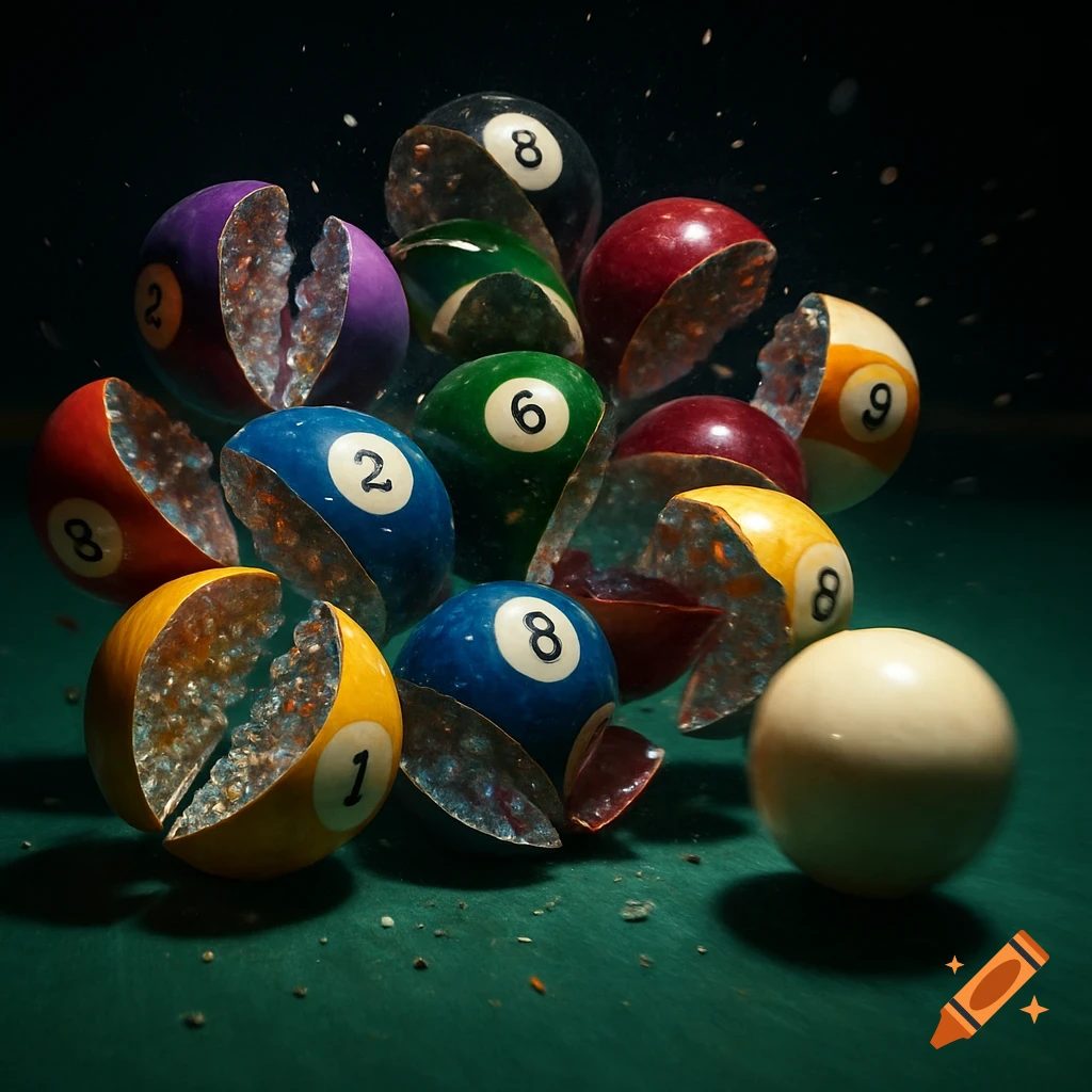 Broken billiard balls, some shattered open, lie on a green felt table with a cue ball.