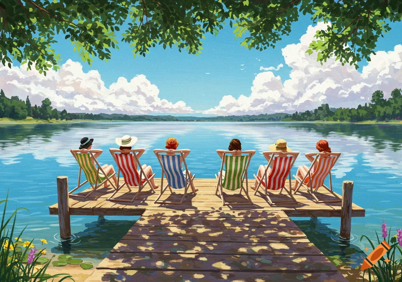 Six people relax in striped chairs on a dock, facing a calm lake with a treelined shore under a sunny sky.
