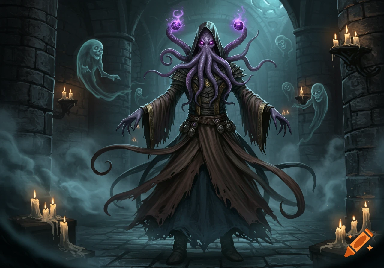 A shadowy Mind Flayer creature with purple tentacles, glowing eyes, and purple orbs stands in a dark stone dungeon with floating ghosts and lit candles.