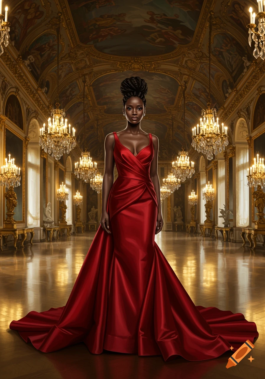A Black woman in a voluminous red ballgown stands in a grand, ornate palace hall with chandeliers.
