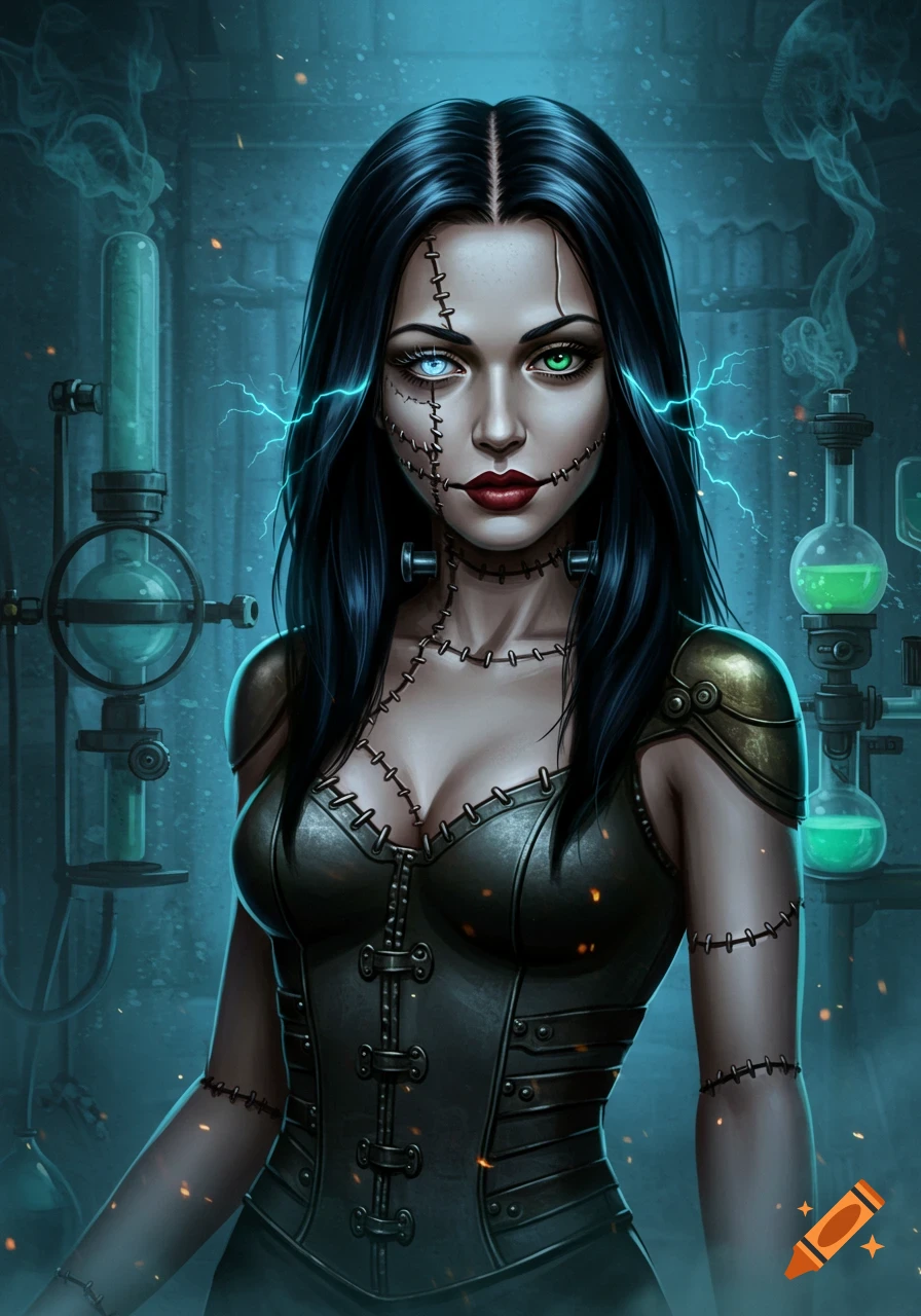Digital painting of a Frankenstein-like woman with dark hair, heterochromia, and stitches, wearing a dark corset in a glowing blue laboratory.