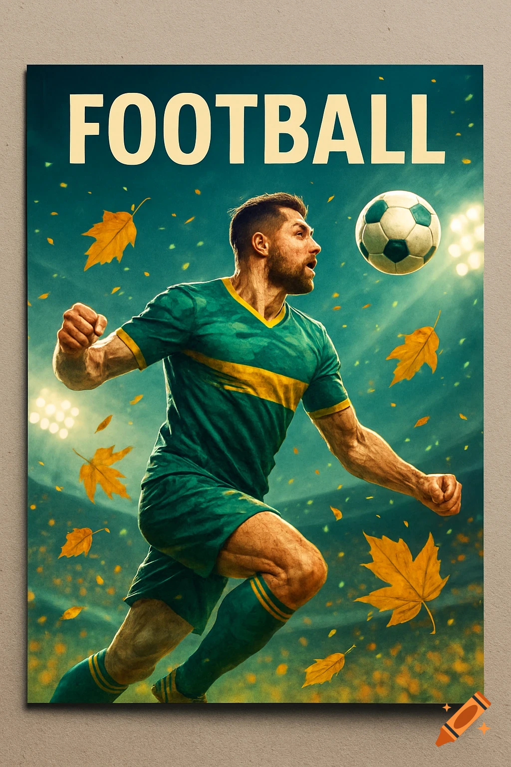 A male soccer player in a green and yellow uniform runs with a ball on a field with autumn leaves, under stadium lights. The word 'FOOTBALL' is at the top.