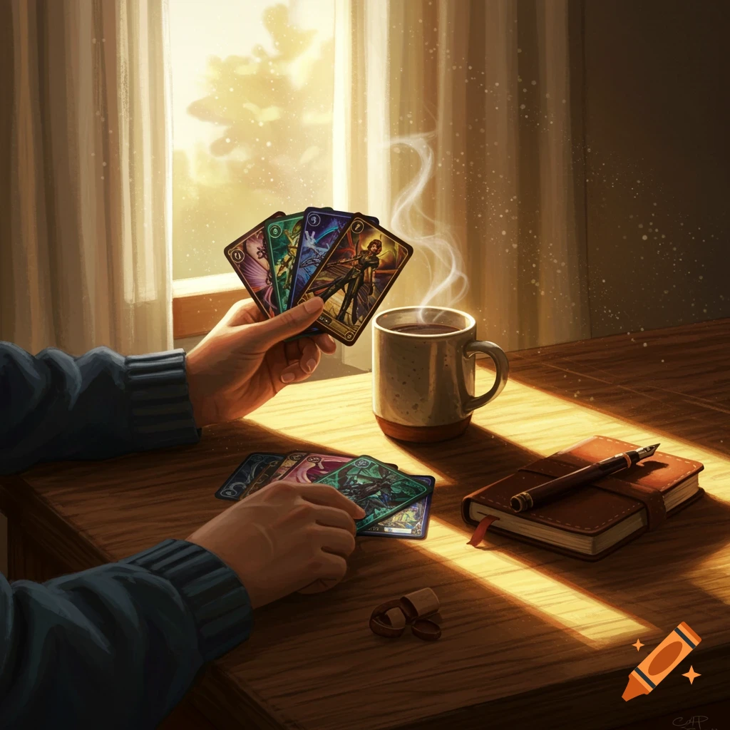 A person's hands holding fantasy trading cards by a window, with a steaming coffee mug and a notebook on a wooden table.