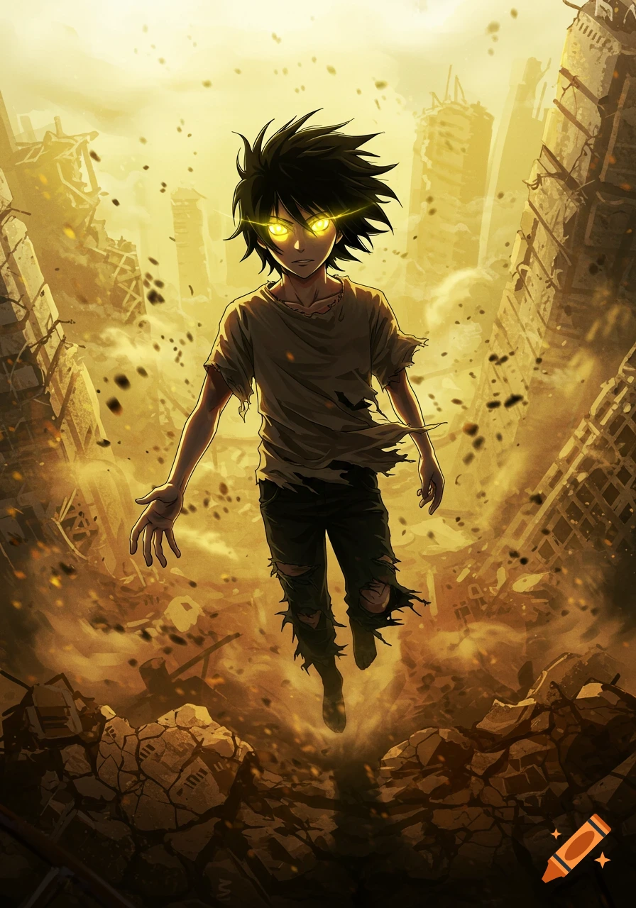 Anime young man with glowing yellow eyes, floating in tattered clothes over rubble in a destroyed city, reaching out.