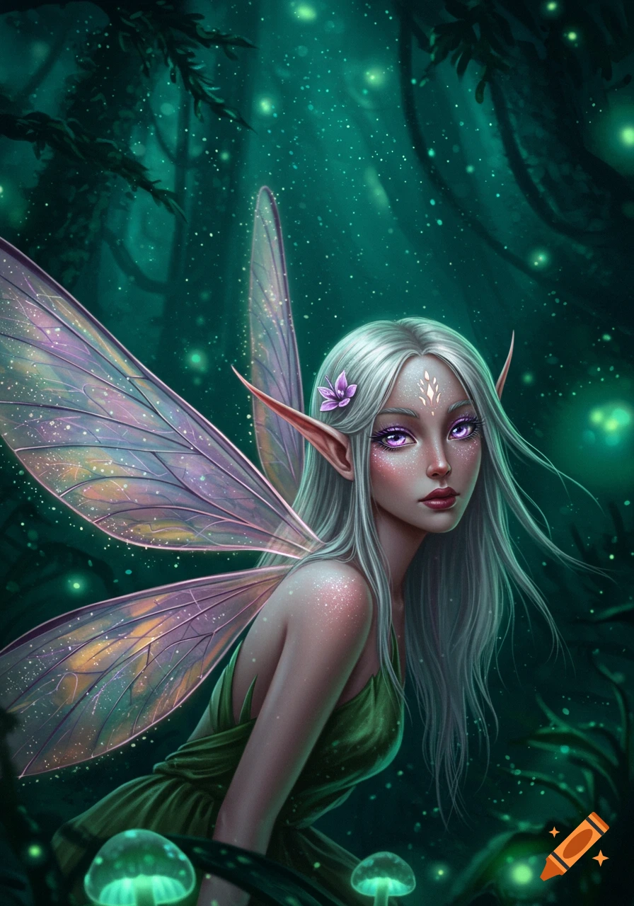 A fantasy digital painting of a white-haired fairy with purple eyes and iridescent wings in a dark, glowing forest.