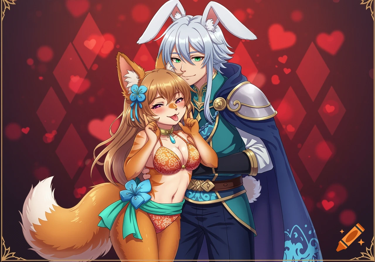 Anime illustration of an anthropomorphic fox girl in a bikini posing with a male mage with bunny ears hugging her from behind against a red background with hearts.