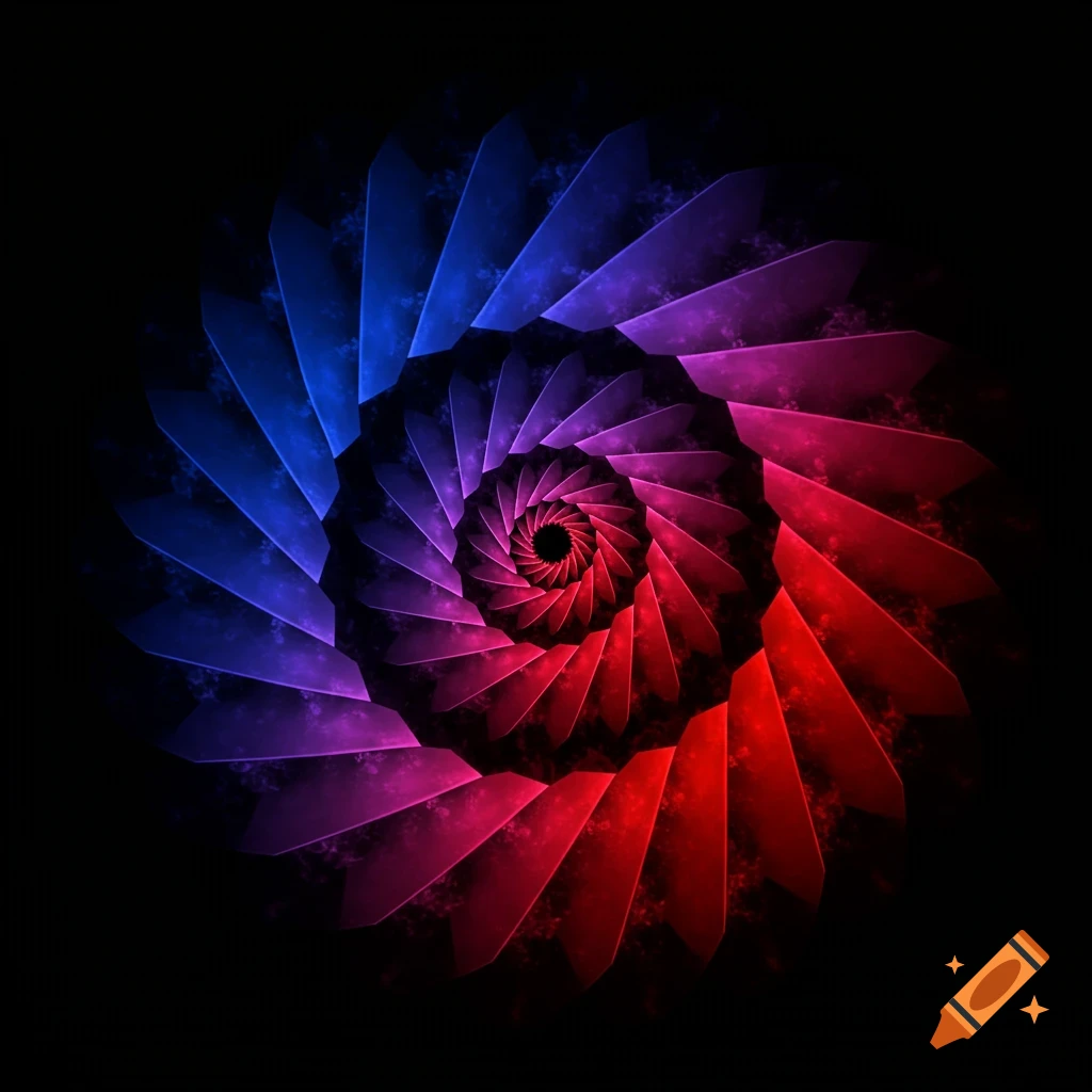 A vibrant, glowing spiral design with segments transitioning from blue to purple to red on a black background.