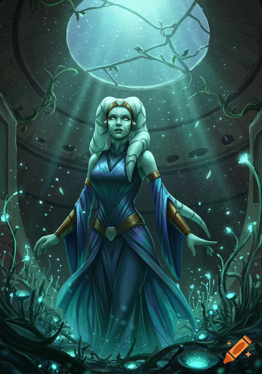 An illustrated Twi'lek female in a blue dress stands in a mystical, overgrown chamber with glowing plants and light rays.