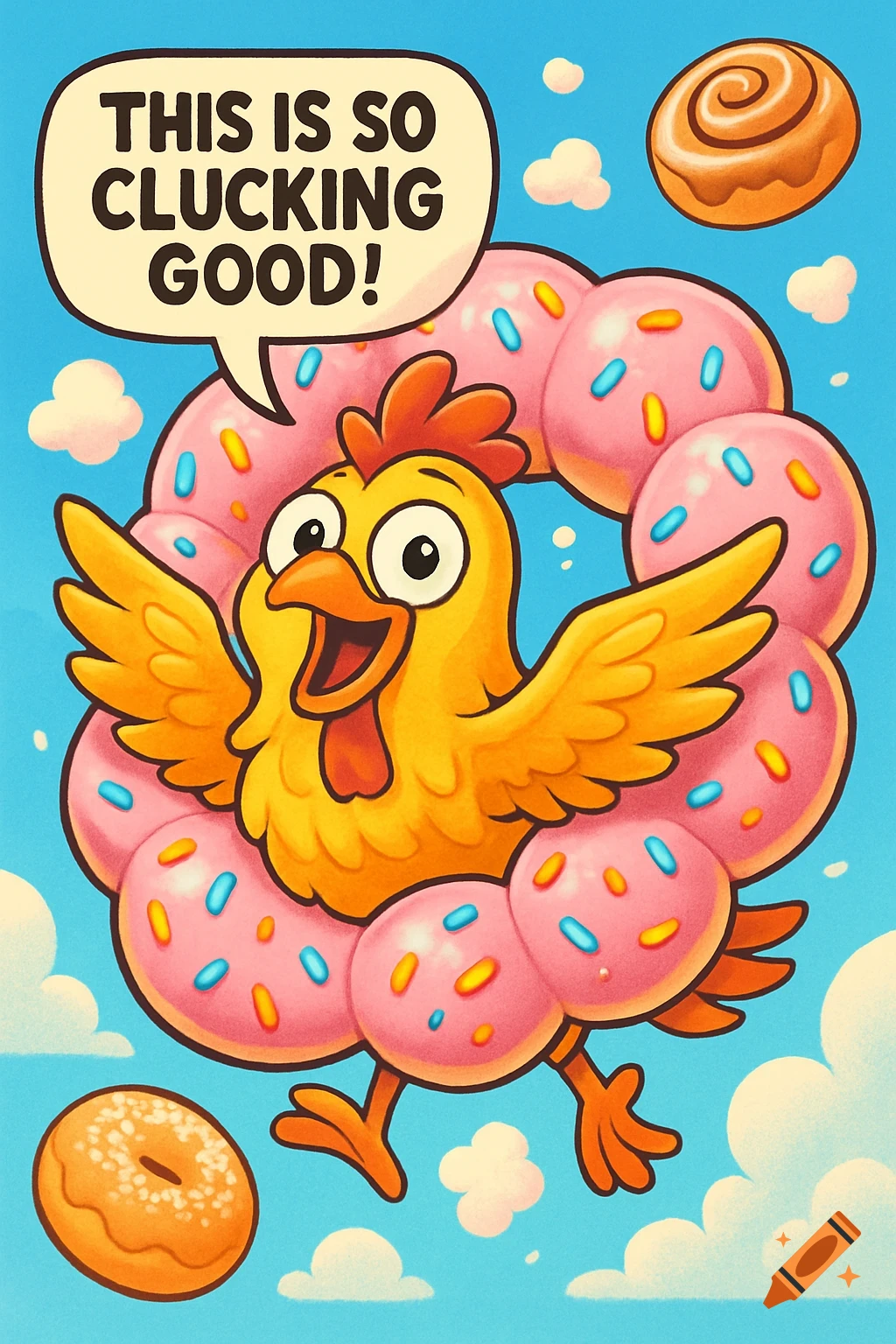 A cheerful cartoon chicken flies through pink frosted donuts, saying 'THIS IS SO CLUCKING GOOD!' in a speech bubble. Other donuts are in the blue sky.