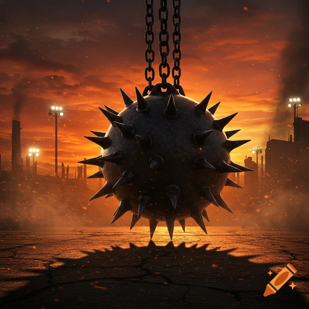A large, spiky wrecking ball hangs by chains over cracked ground against a fiery sunset sky and industrial background.