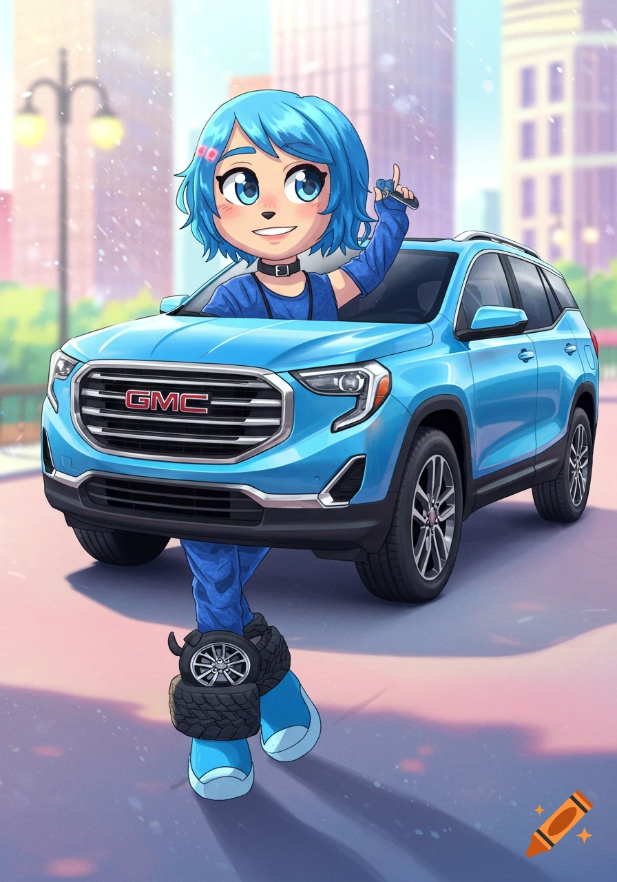 Cute anime girl with blue hair holding car keys, standing in front of a blue GMC Terrain, with tires on her ankles, in a city.