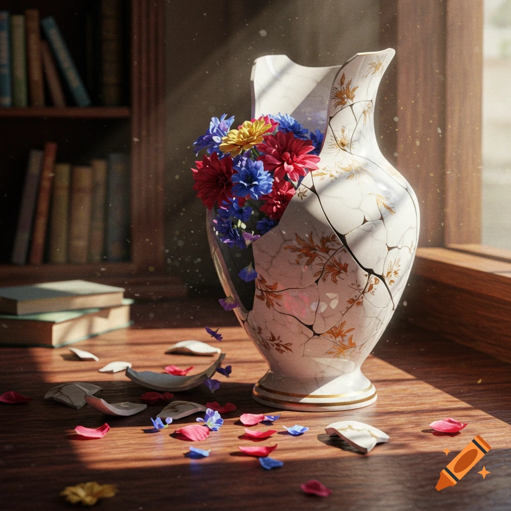 A broken white vase with colorful flowers sits on a sunlit wooden table next to a bookshelf, with scattered pieces and petals.