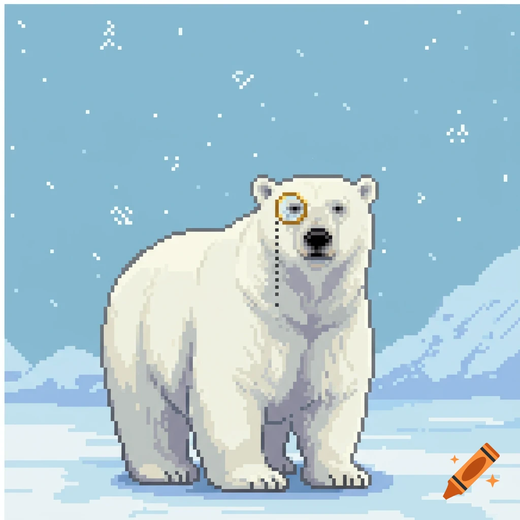 A pixel art polar bear with a monocle stands in a snowy arctic landscape.