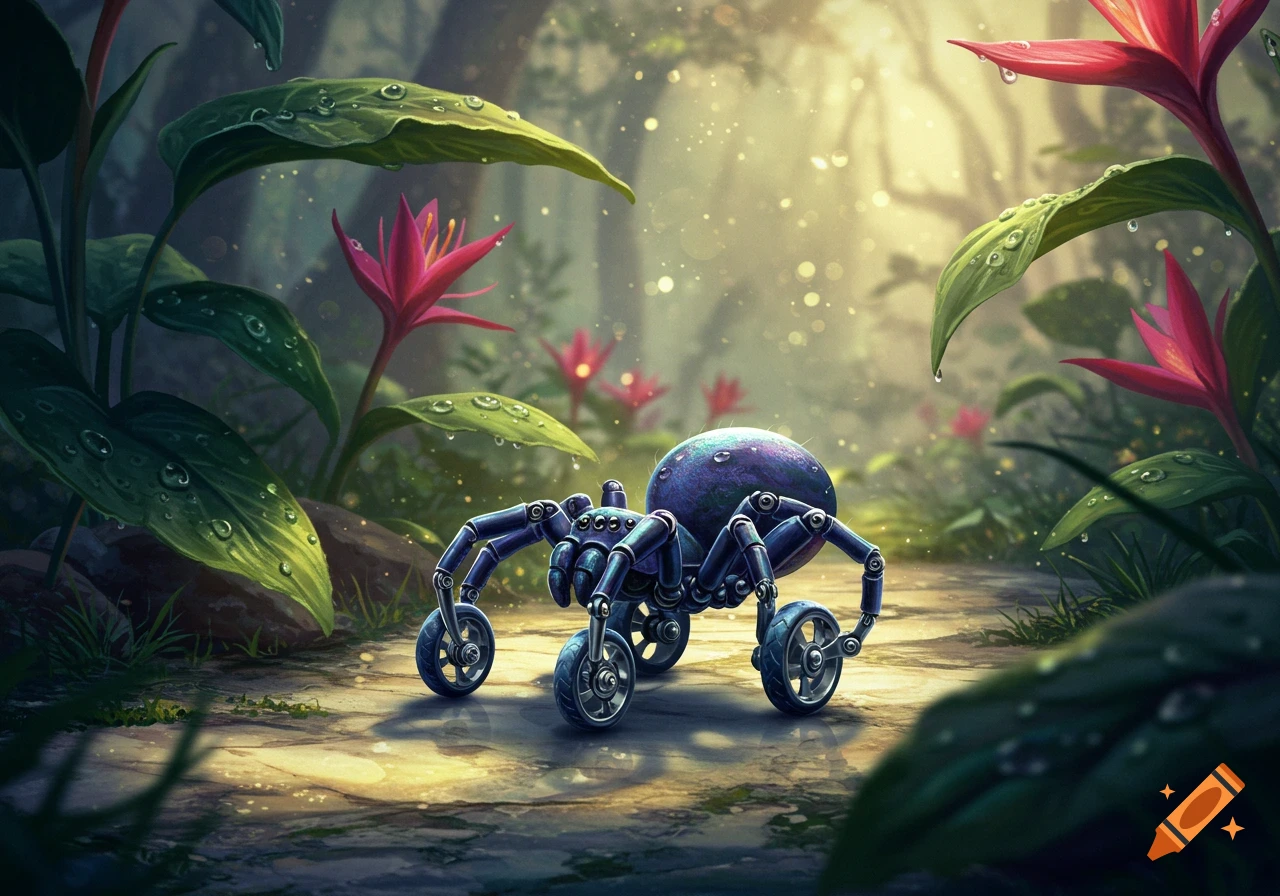A blue mechanical spider with wheels walks on a sunlit forest path among lush green plants and red flowers in an illustrated style.