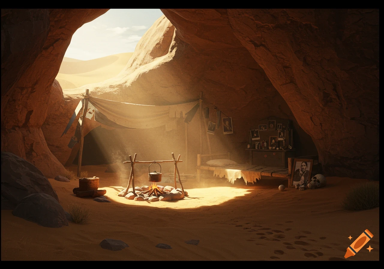 A sunlit cave interior serving as a hermit's home in the desert, with a campfire, bed, and framed photos.