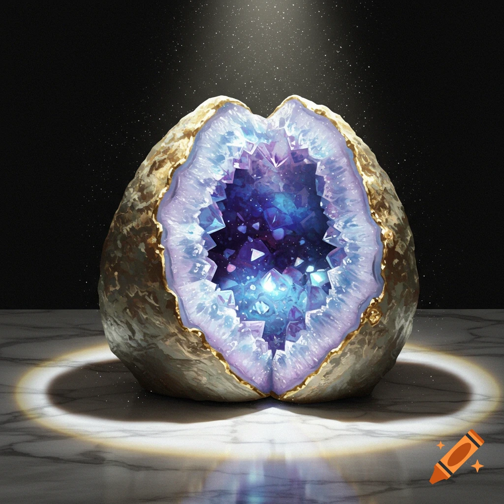 An open geode revealing sparkling purple and blue crystals, illuminated from above, resting on a marble surface.
