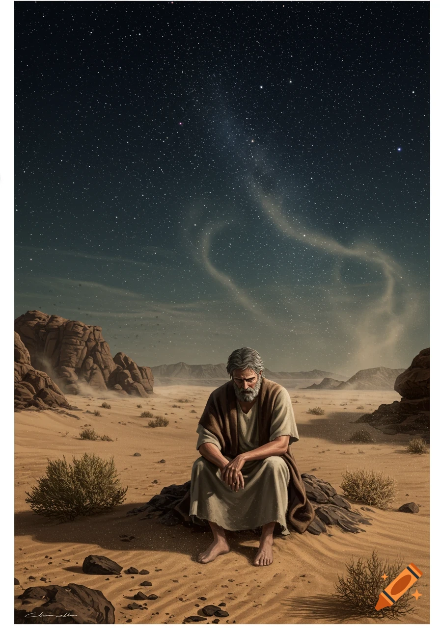 A bearded man in a robe sits on a rock in a vast desert under a starry night sky.