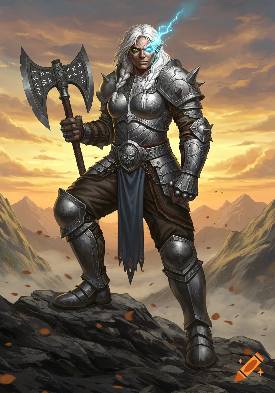 A powerful female paladin with white hair and a glowing blue eye, clad in ornate silver armor, holds a large battle-axe against a dramatic sunset mountain backdrop.