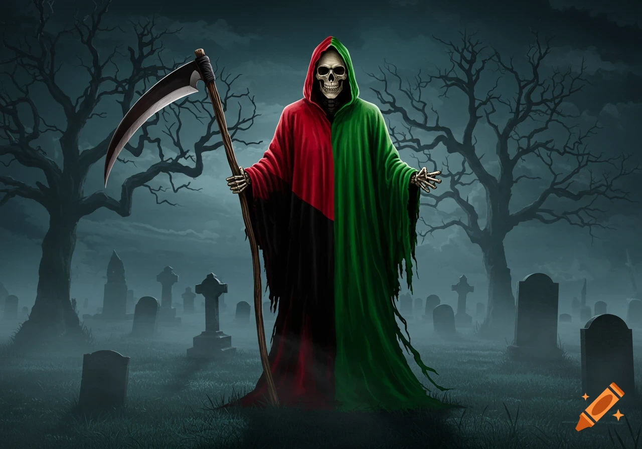 A skeletal Grim Reaper in a red, black, and green hooded robe holds a scythe in a foggy graveyard under a dark sky.