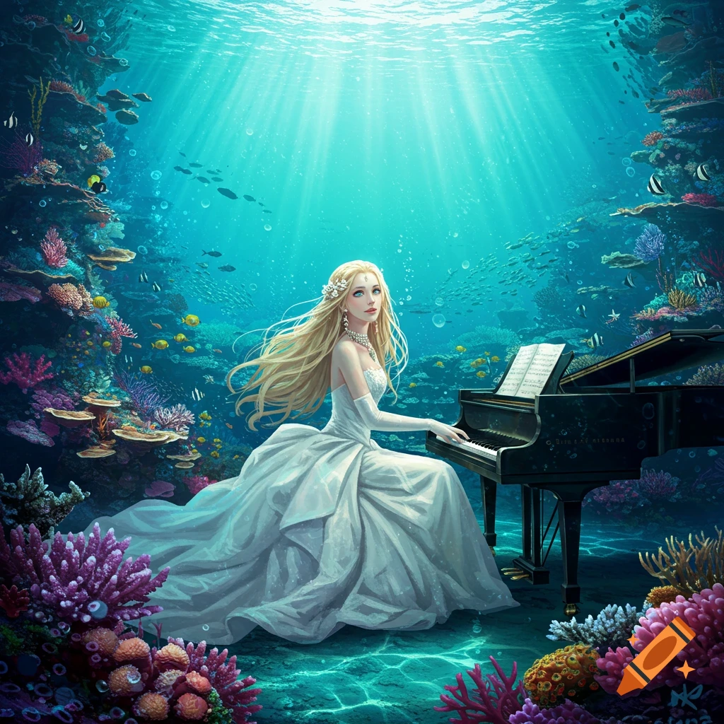 A blonde woman in a flowing white dress plays a grand piano on the ocean floor, surrounded by vibrant coral reefs and schools of fish, with sunbeams piercing the turquoise water from above. Stylized art.