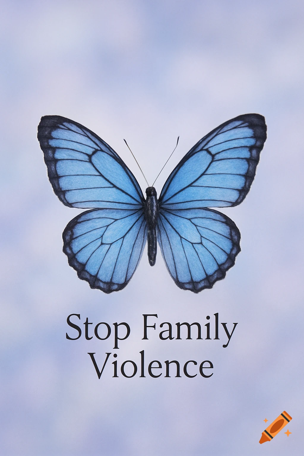 A blue butterfly with black lines centered on a light blue background, with the text "Stop Family Violence" underneath.