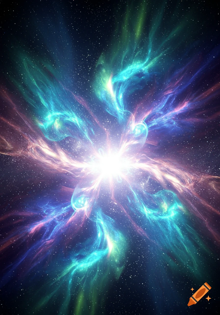 A vibrant abstract nebula with a bright central light and swirling colorful gas in deep space with scattered stars.