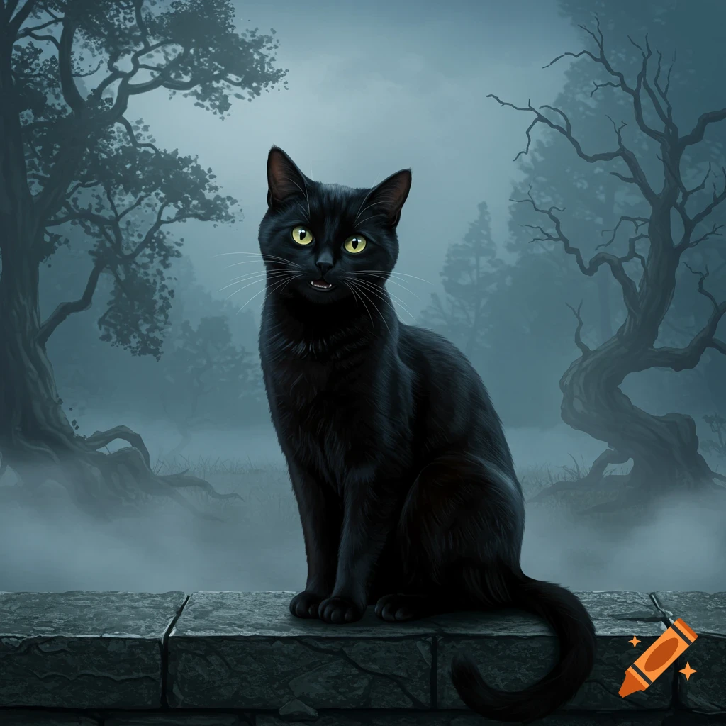 A black cat with bright yellow eyes sits on a stone wall, smirking in a foggy, gnarled forest at dusk.