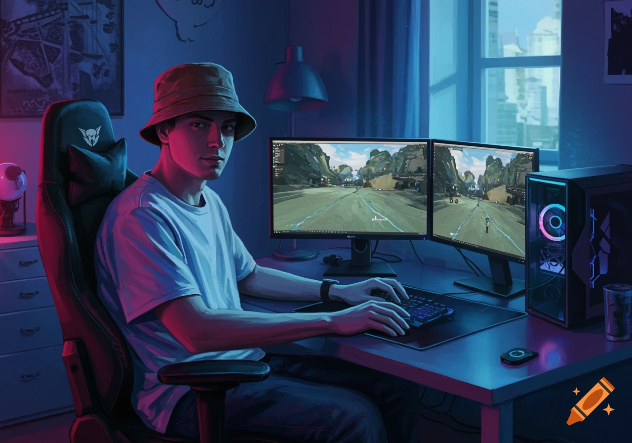 A stylized illustration of a young man in a bucket hat playing video games at a dual-monitor PC setup in a neon-lit room.
