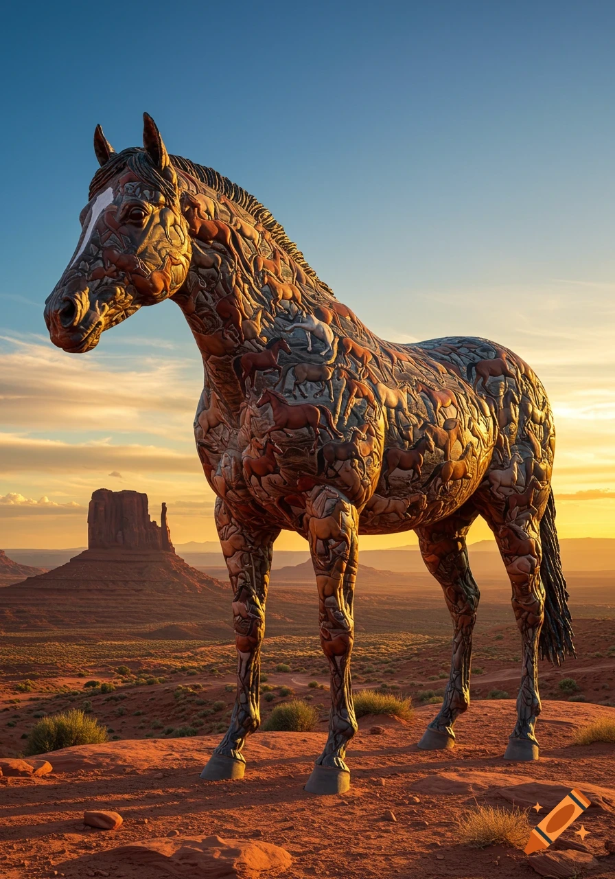 A giant horse sculpture made of smaller horses stands in a red desert landscape with buttes under a sunset sky.