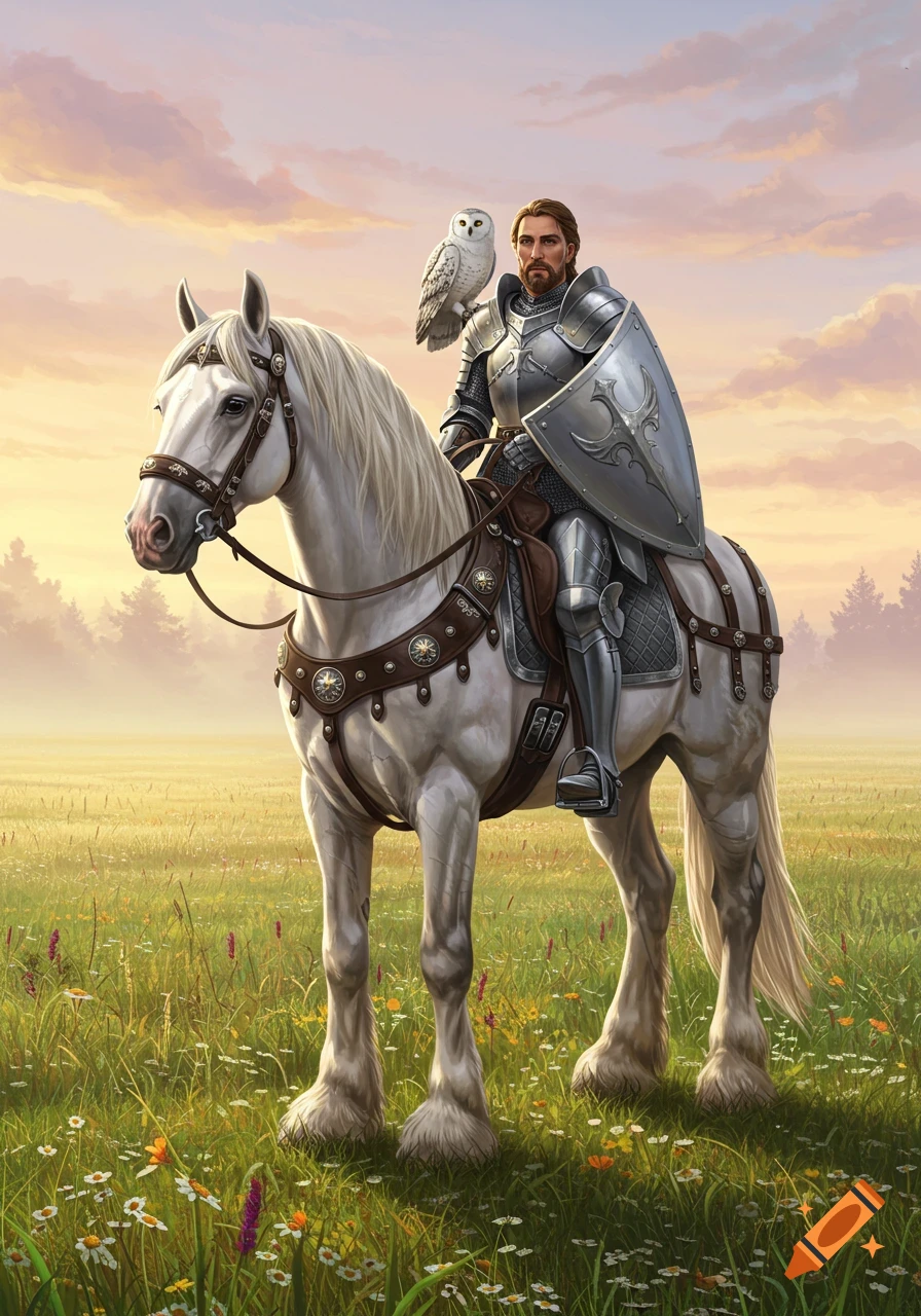 A knight in shining armor rides a white horse, accompanied by a white owl on his shoulder, in a grassy field at sunset.