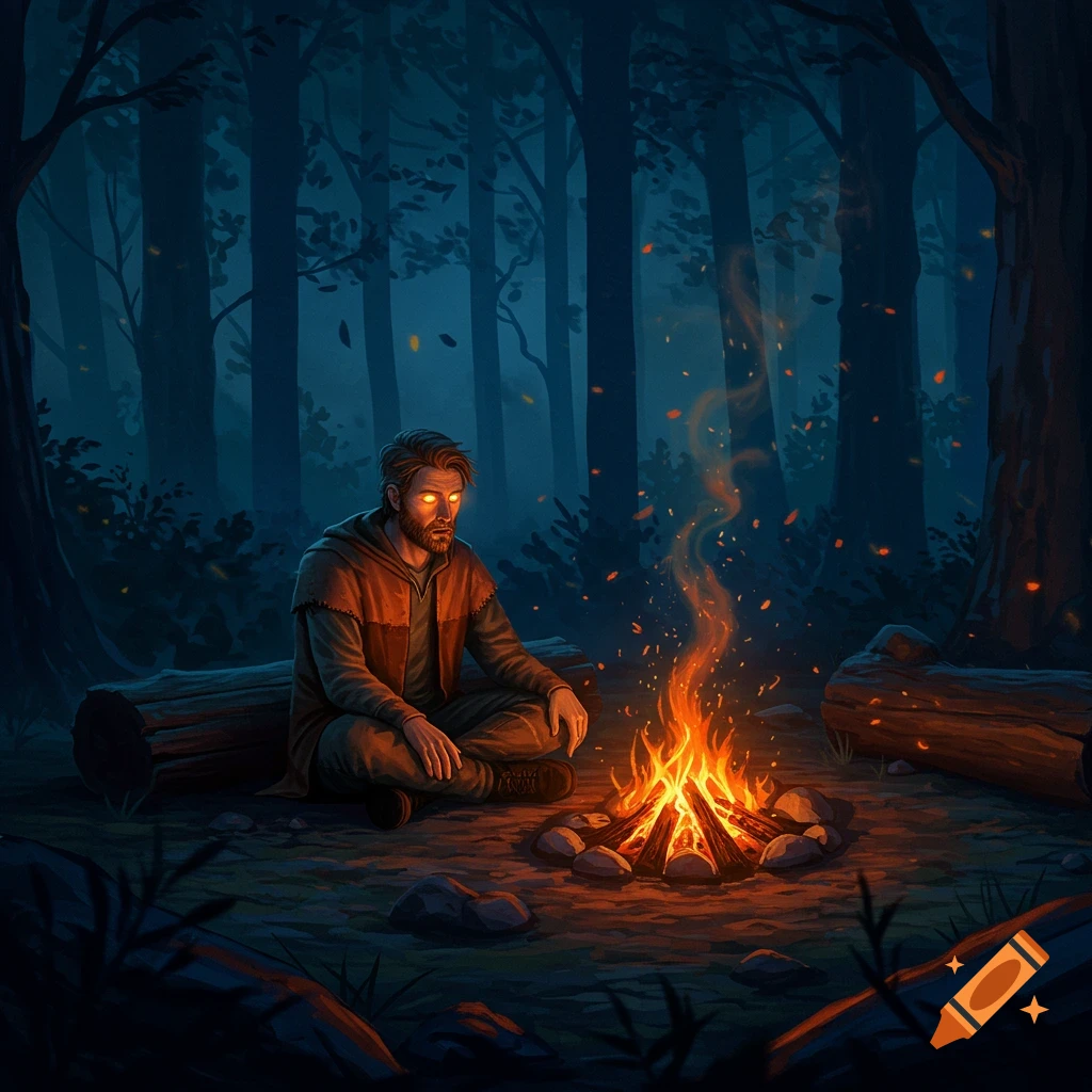A man with glowing eyes sits cross-legged by a campfire in a dark forest at night, surrounded by tall trees.