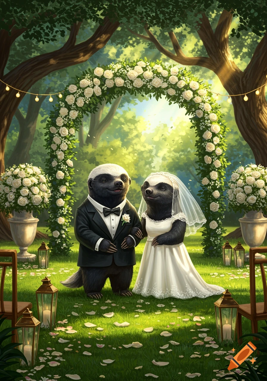 Two honey badgers in wedding attire stand under a floral arch in a lush garden setting.