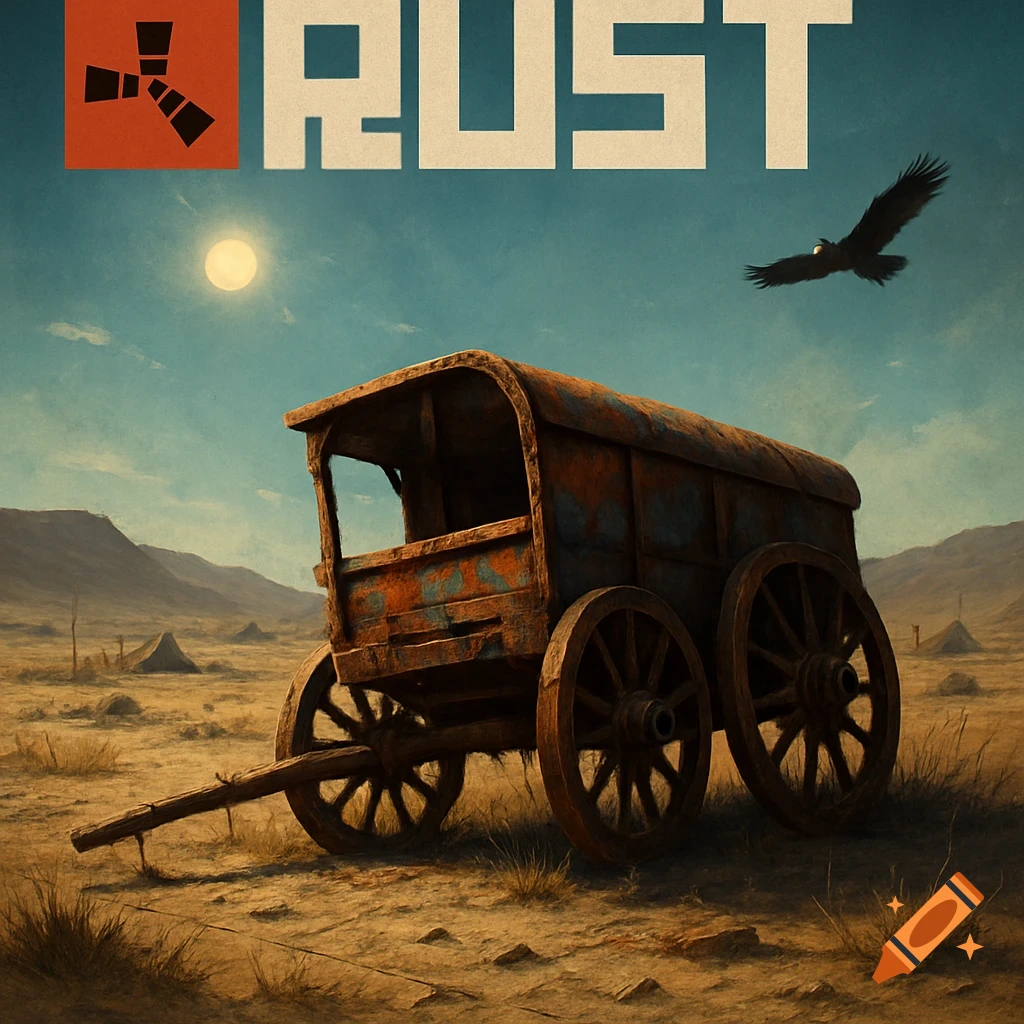Stylized game cover for RUST featuring a rusty wooden wagon in a desert with a sun and an eagle flying.