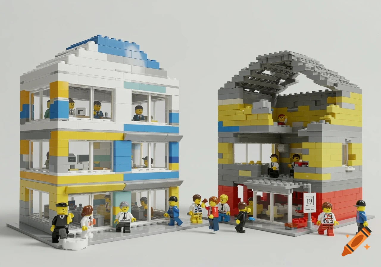 Two Lego buildings, one fully built with Lego people inside and outside, and one half-built with an incomplete roof and exposed interior, also with Lego people around it.