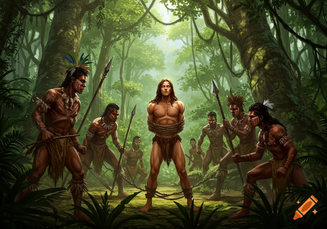 A muscular man resembling Tarzan is bound and surrounded by armed tribal warriors in a dense, lush jungle.