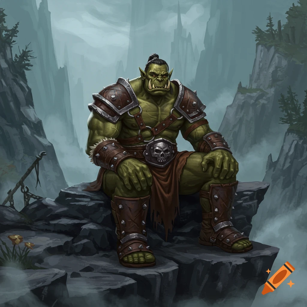 A muscular green orc with brown armor and a skull belt buckle sits on a rocky cliff overlooking a misty mountain landscape.