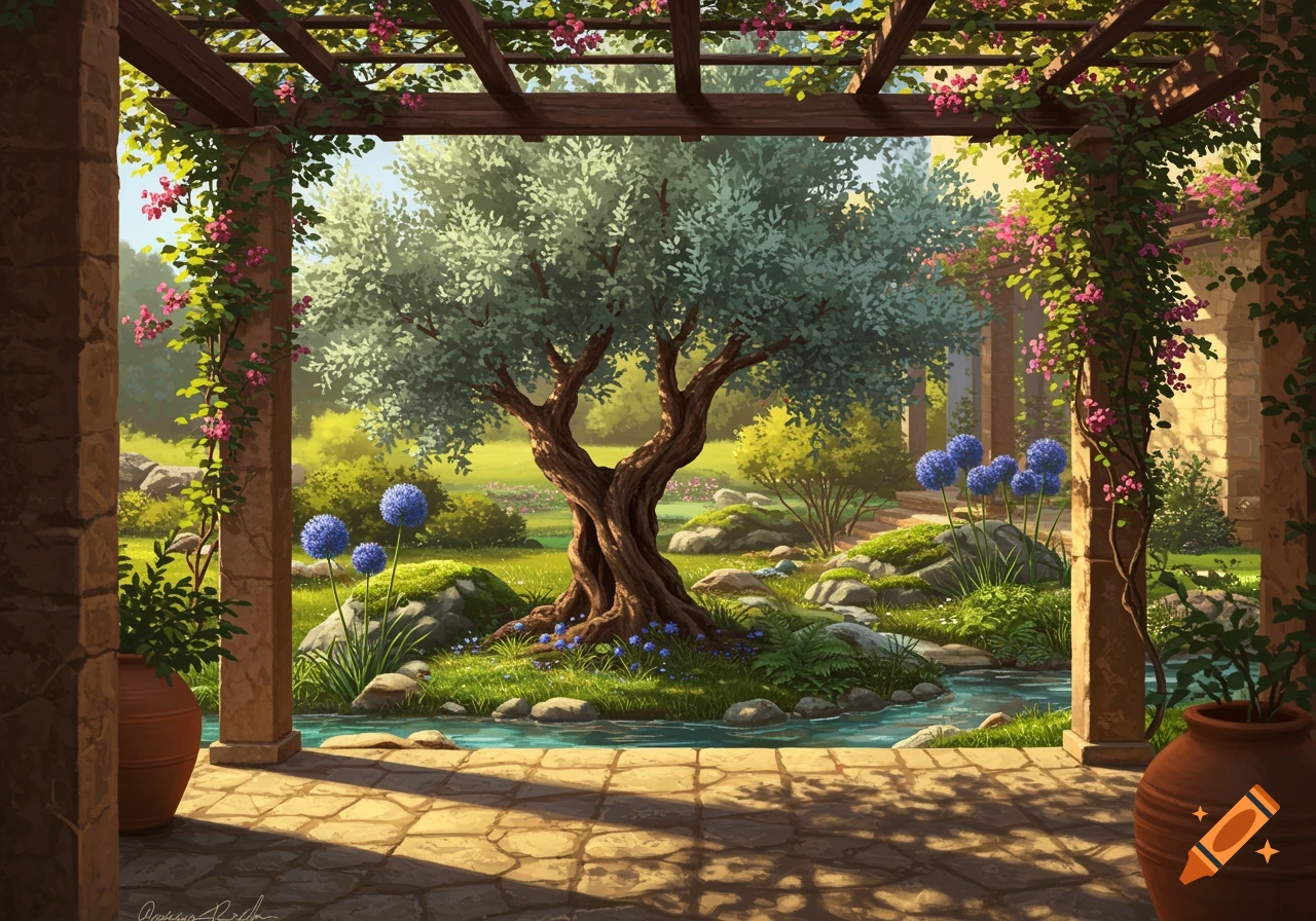 Vibrant digital painting of a garden seen from under a shaded pergola, featuring an olive tree, blue flowers, and a flowing stream.