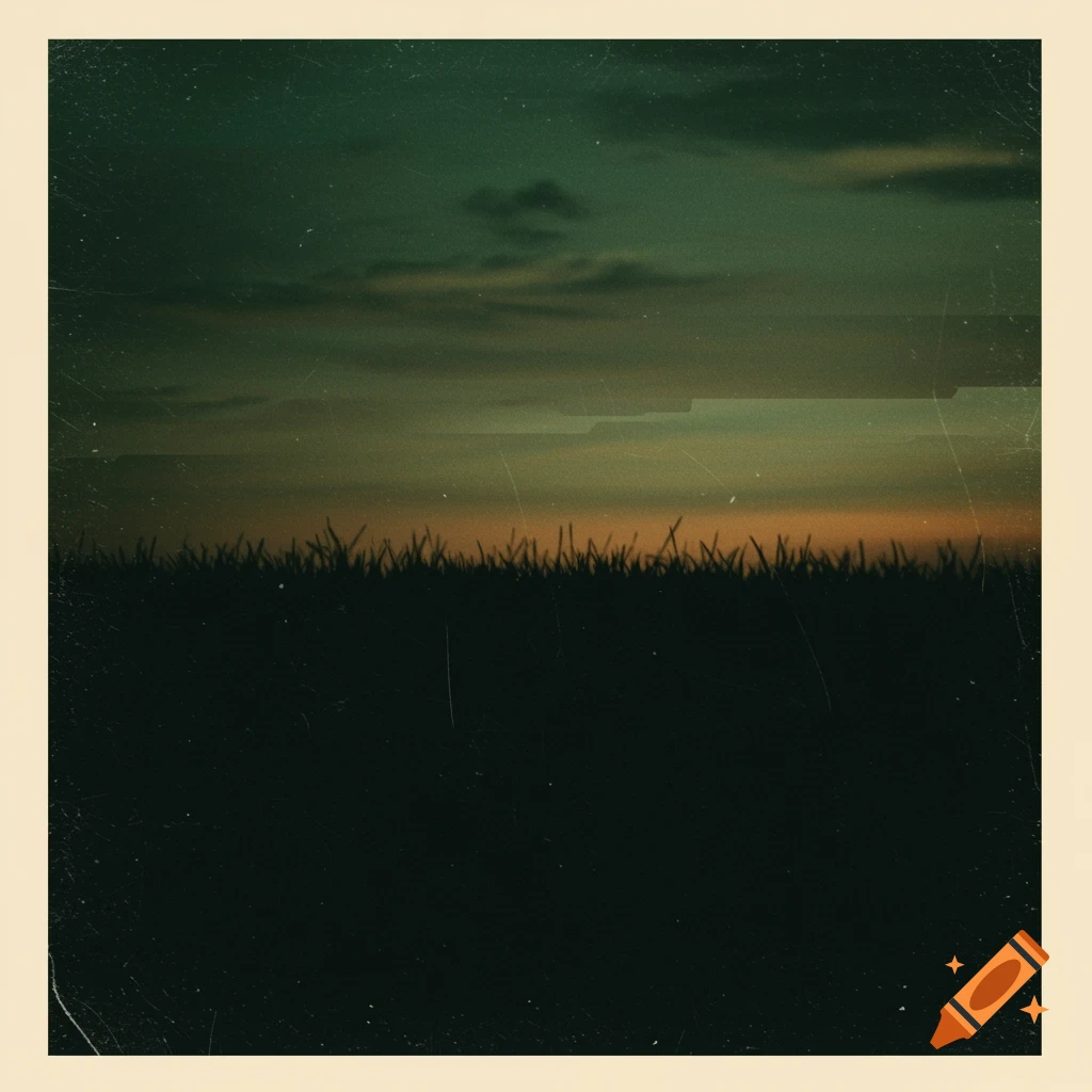 Silhouette of a field of tall grass under a dark green and orange sunset sky, with a distorted, low-quality, album cover aesthetic.