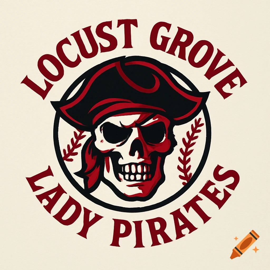 Red and black sports logo with a pirate skull wearing a tricorn hat. Text reads 'LOCUST GROVE LADY PIRATES'.