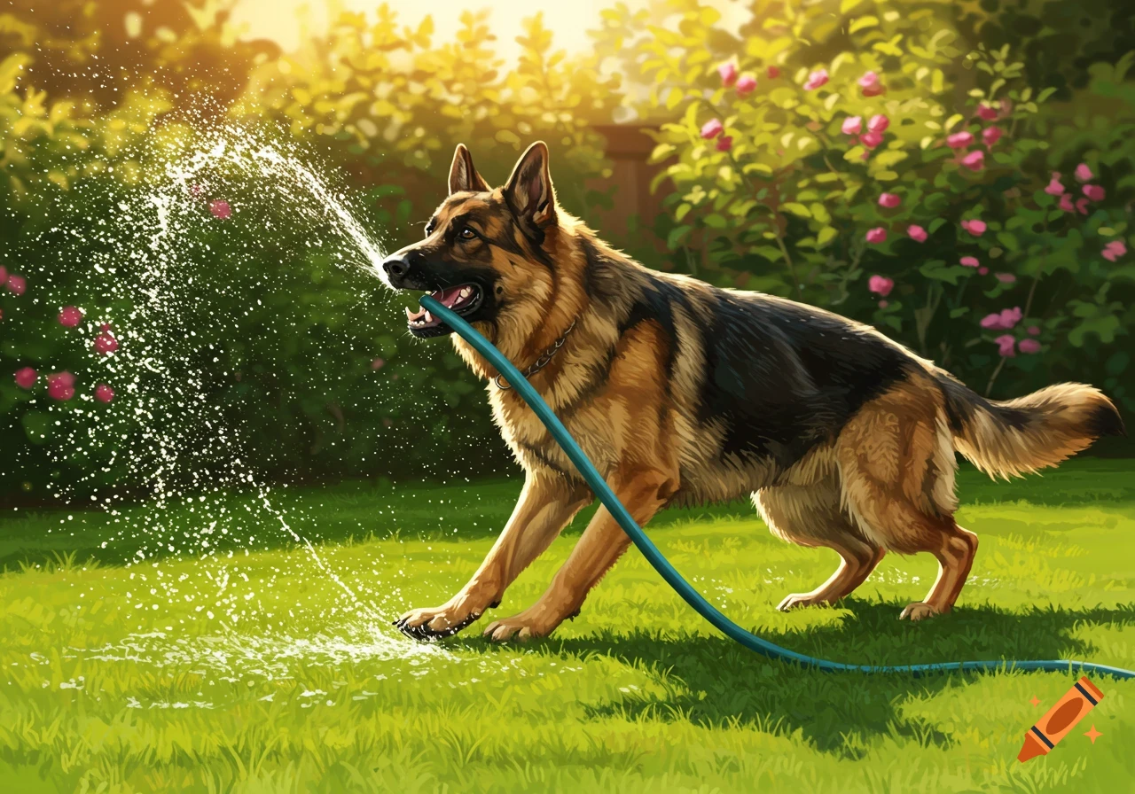 A German Shepherd dog bites a garden hose, spraying water across a sunny green lawn with flowers in the background.