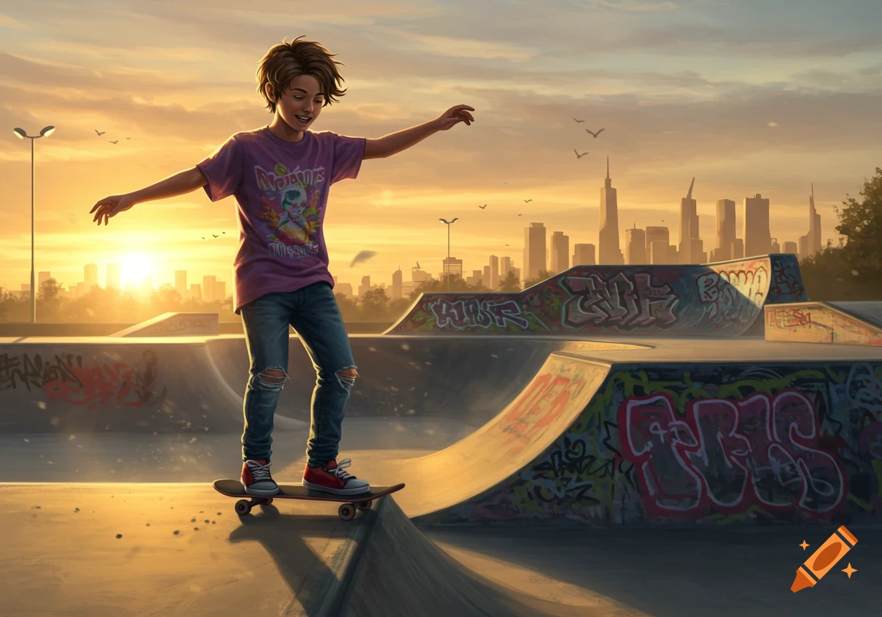 A young boy balances on a skateboard in a sunny outdoor skatepark with city buildings in the background.