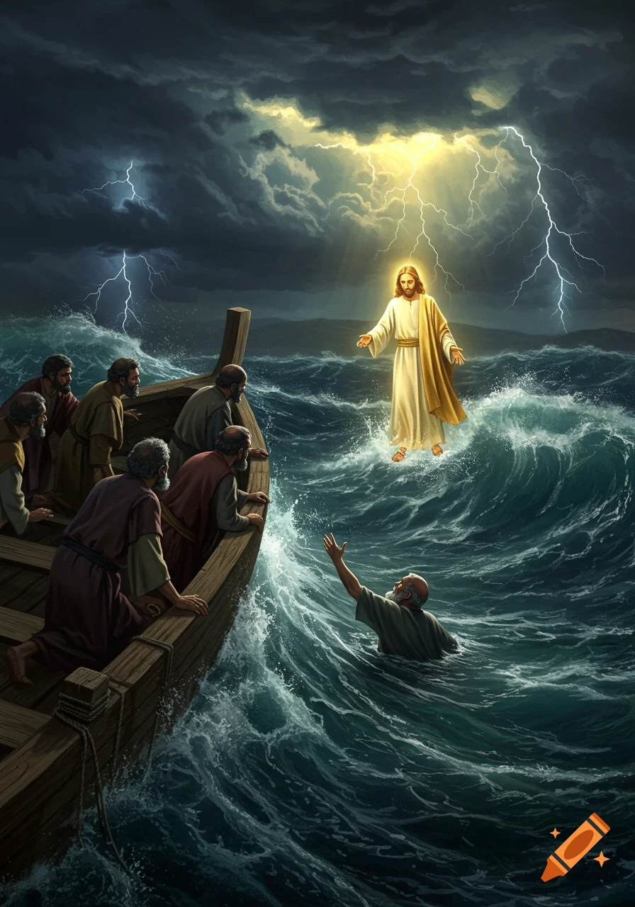 Jesus stands on turbulent water, reaching for a sinking Peter, as disciples watch from a boat during a stormy, lightning-filled sea.