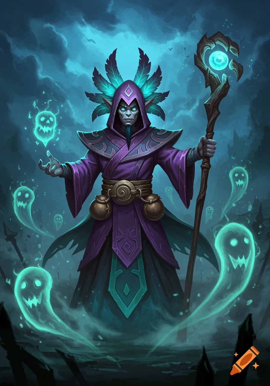 A fantasy necromancer in a purple robe with glowing eyes and feathered headdress, summoning green spectral ghosts in a dark, stormy setting.