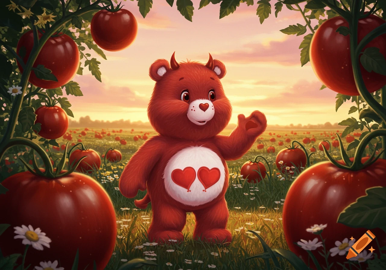 A red devil-horned bear with two red hearts on its belly stands in a field of ripe red tomatoes at sunset.