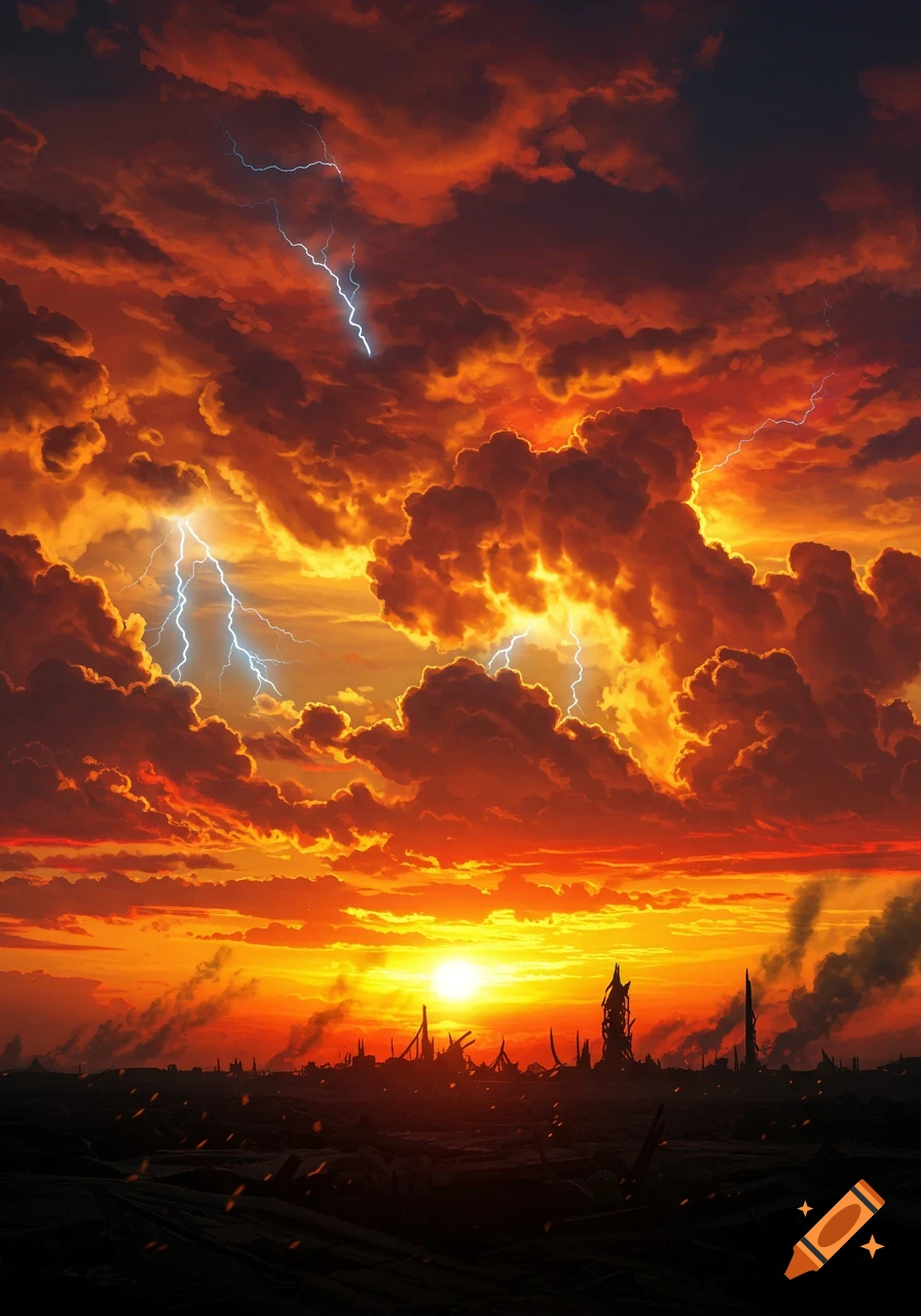 A dramatic fiery red and orange sky filled with dense clouds and lightning bolts over a silhouetted ruined city at sunset.