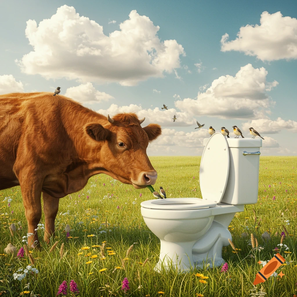 A brown cow drinks from a white toilet in a green field with birds perched on the toilet and flying in the sky under a cloudy blue sky.
