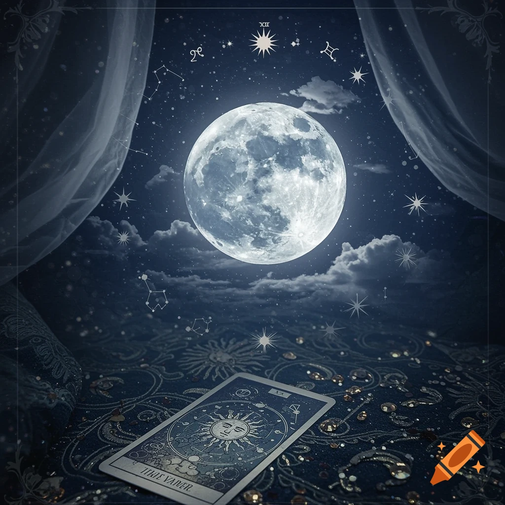 A large full moon in a starry night sky, with a tarot card featuring the sun on an intricately patterned cloth.