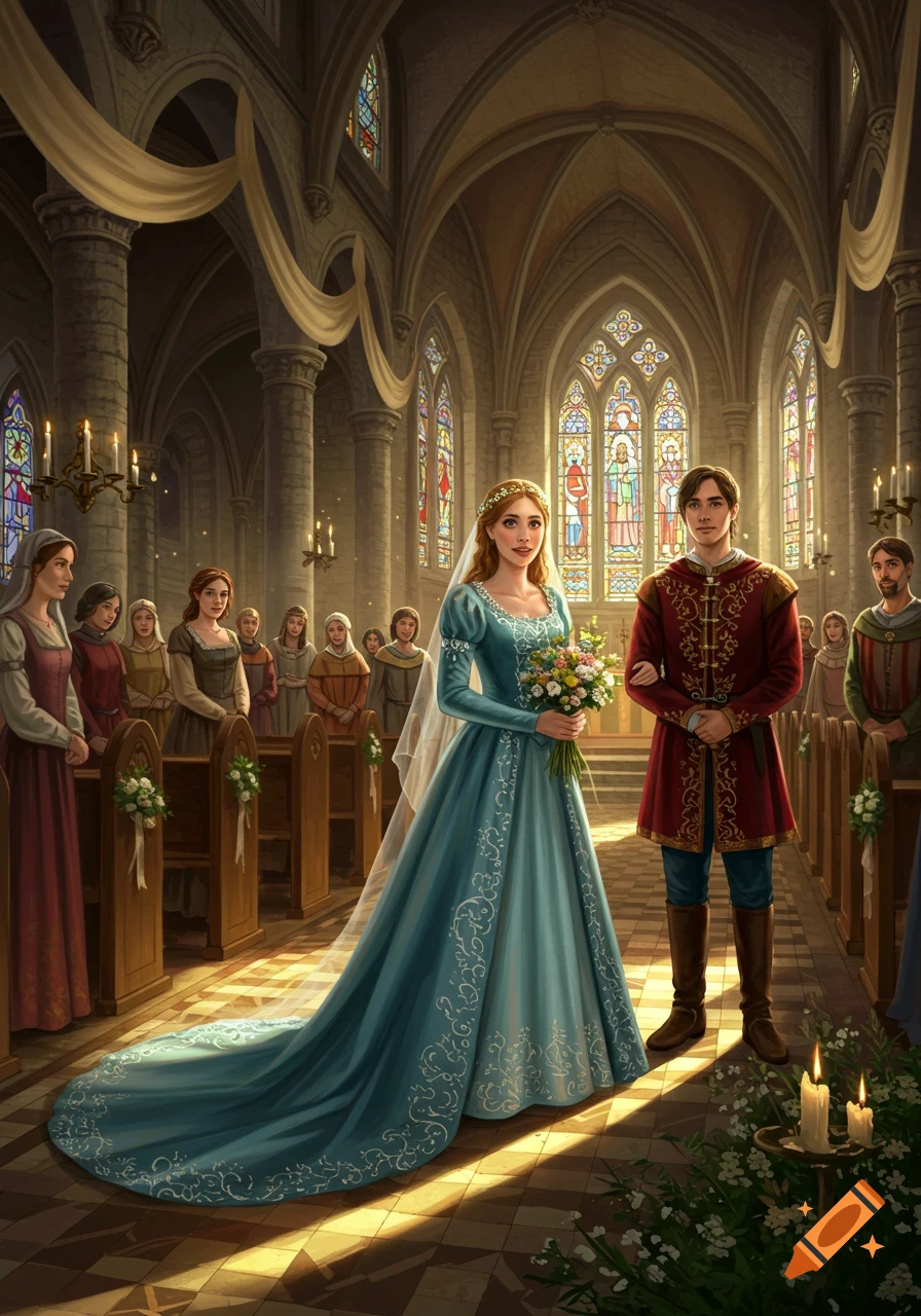 An illustration of a medieval bride in a blue gown and a groom standing in a grand church aisle with stained glass windows.